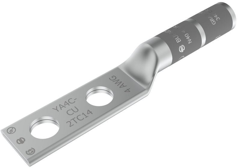 BURNDY BURNDY YA4C2TC14 4 AWG CU Two Hole 1/4 Stud Size 5/8 Hole Spacing Long Barrel Internal Chamfer