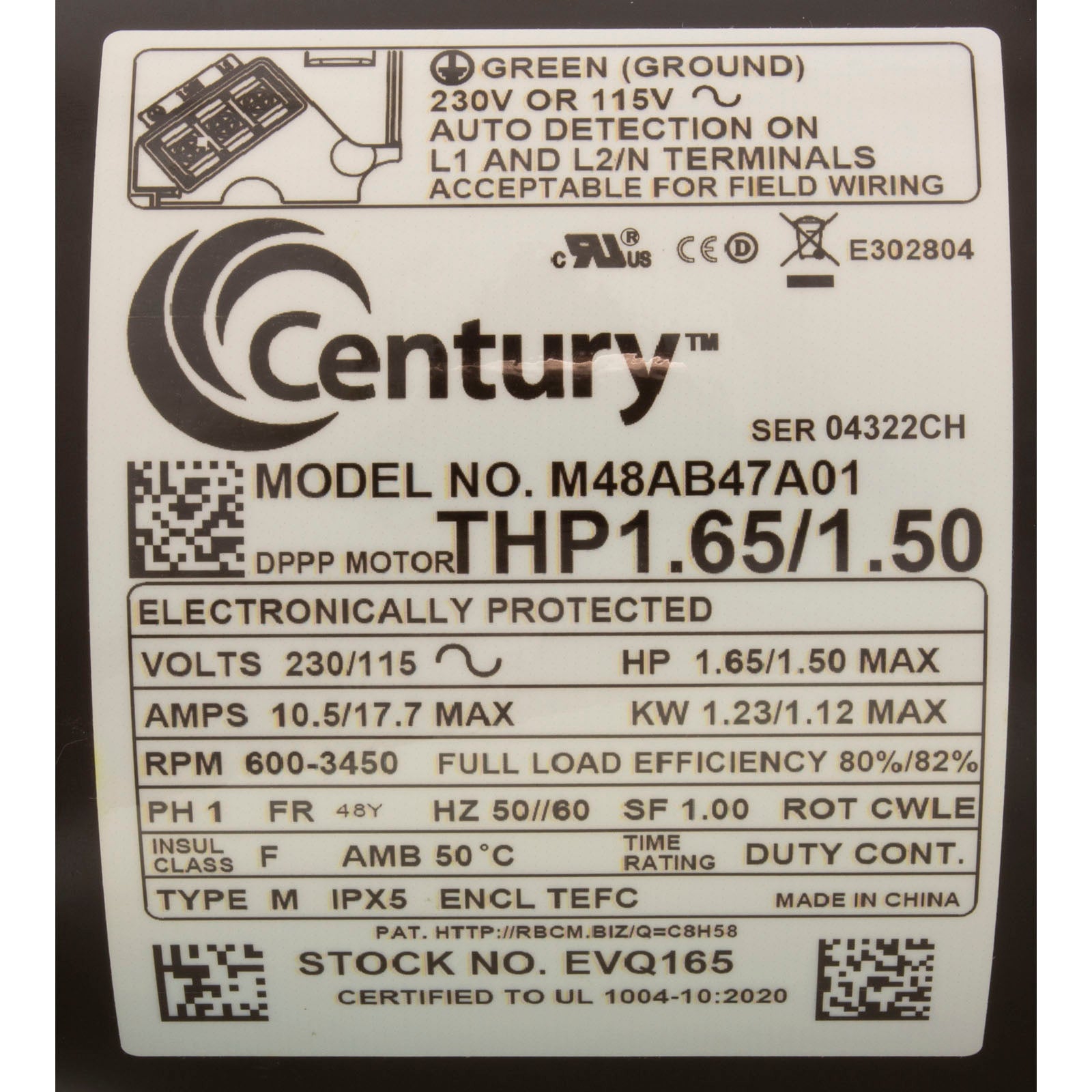 CENTURY MOTORS Century EVQ165 Century VGreen Evo VS Motor 1.65HP 1 Phase 50Hz 230/115V 48Y Frame