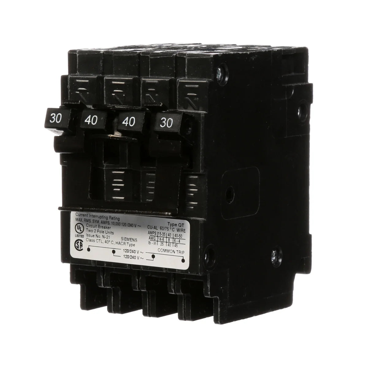 SIEMENS Siemens Q23040CT2 Quadplex Circuit Breaker, 2-Pole 30A-40A Inner-Outer Common-Trip, 120/240V AC, Plug-In, 10kA
