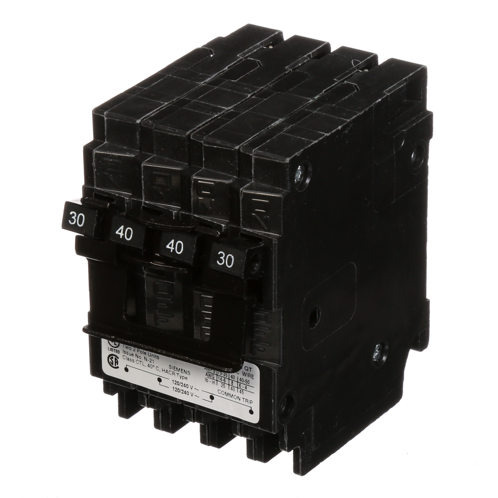 SIEMENS Siemens Q23040CT2 Quadplex Circuit Breaker, 2-Pole 30A-40A Inner-Outer Common-Trip, 120/240V AC, Plug-In, 10kA