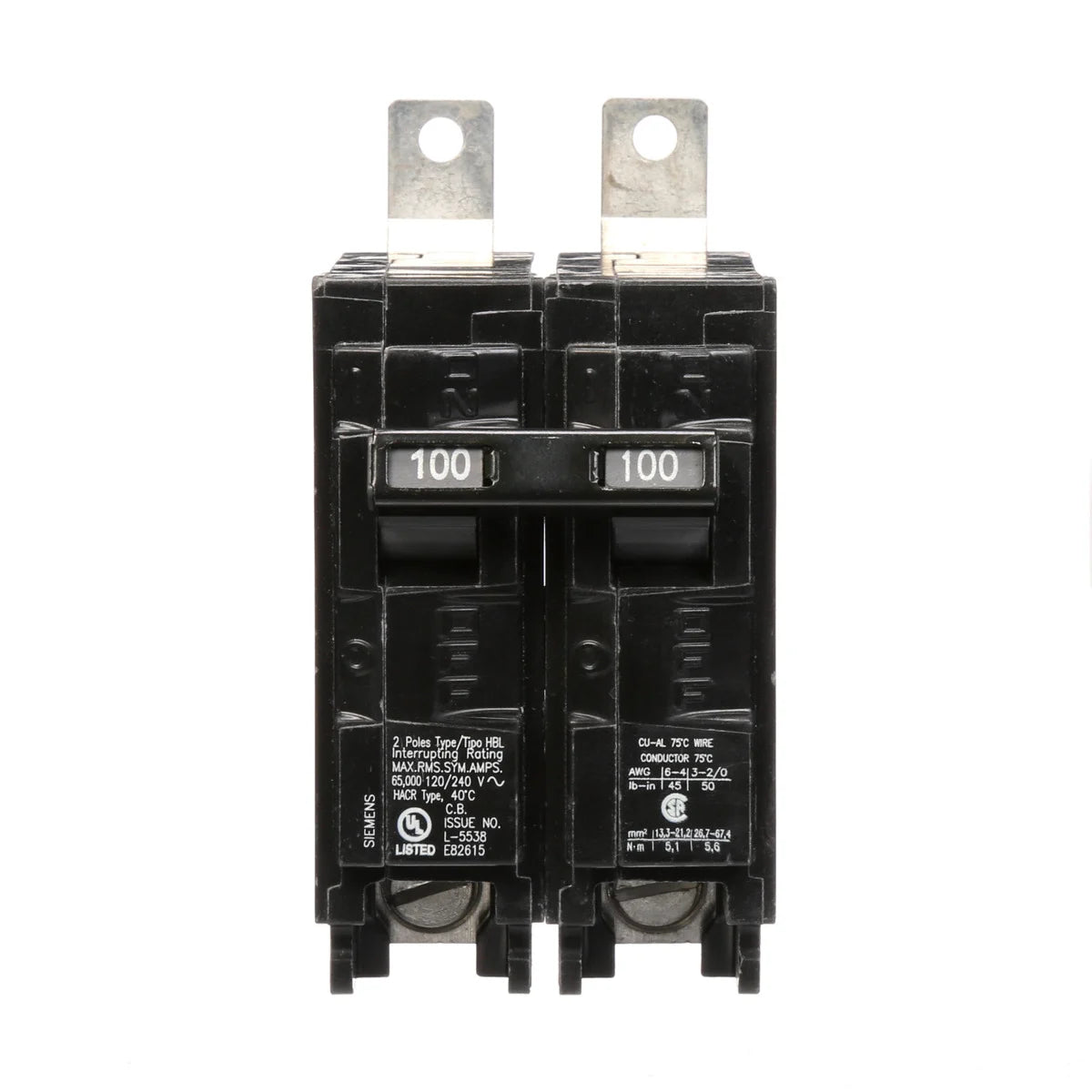 SIEMENS Siemens B2100HH 2-Pole 100 Amp 120/240 VAC 65 kA Bolt-On Molded Case Circuit Breaker