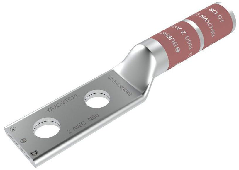 BURNDY BURNDY YA2C2TC14 2 AWG CU, Two Hole, 1/4 Stud Size, 5/8 Hole Spacing, Long Barrel Internal Chamfer, Tin Plated, UL/CSA, 90?C, Up to 35kV, Brown Color Code, 10 Die Index.