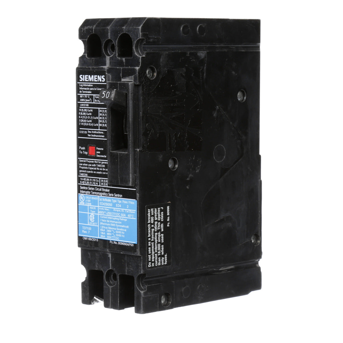 SIEMENS Siemens ED42B050 Molded Case Circuit Breaker 50 Amp 480 Volt 2-Pole