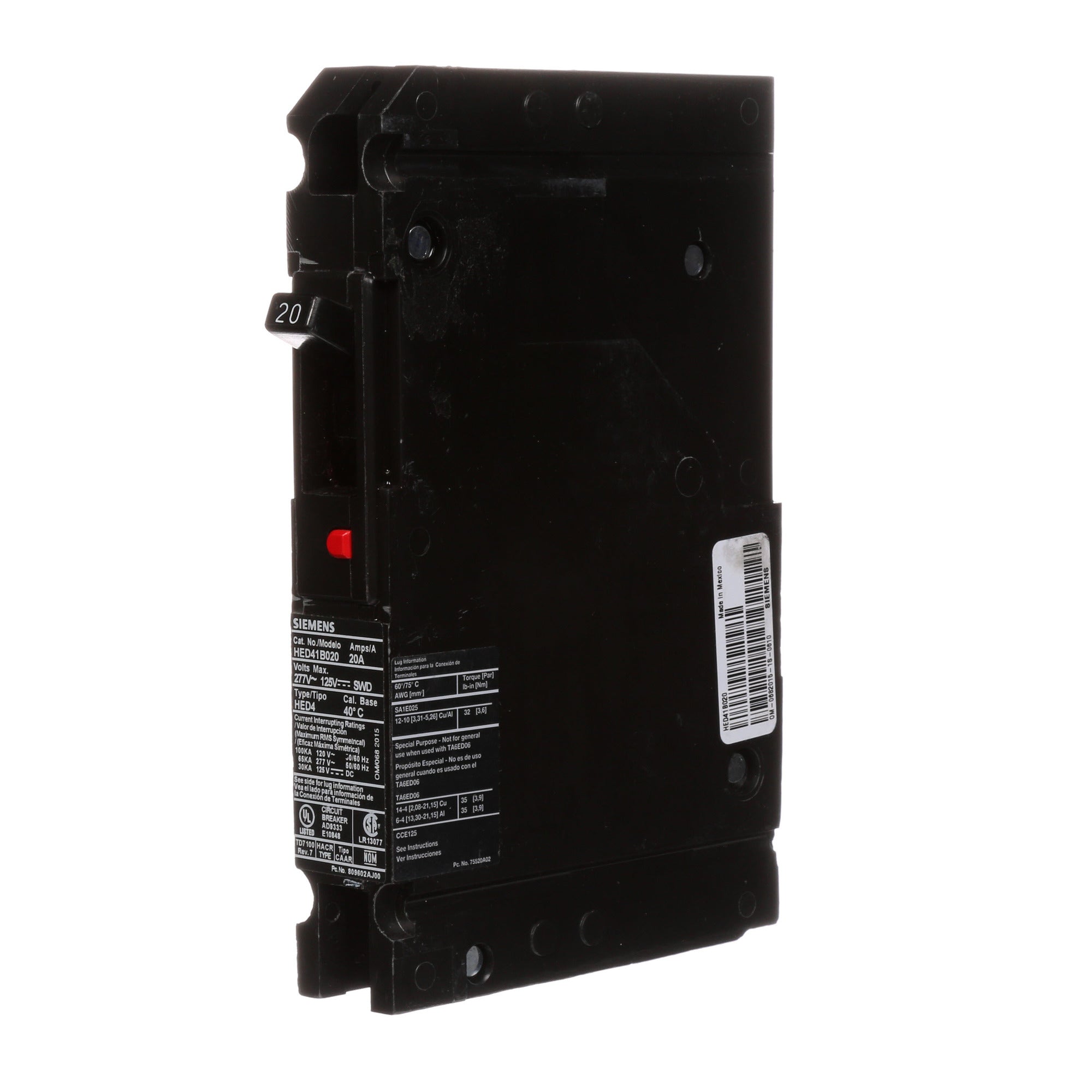 SIEMENS Siemens HED41B020 277 Volt 20 Amp 65 kaic 1-Pole Circuit Breaker with LD Lug