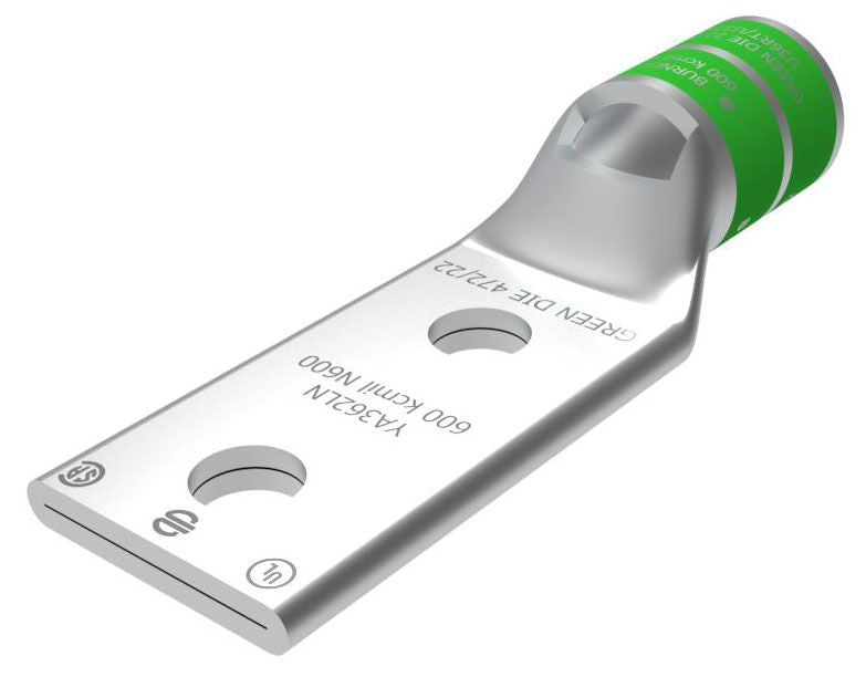 BURNDY BURNDY YA362LN 600 kcmil CU, Two Hole, 1/2 Stud Size, 1-3/4 Hole Spacing, Standard Barrel, Inspection Window, Internal Chamfer