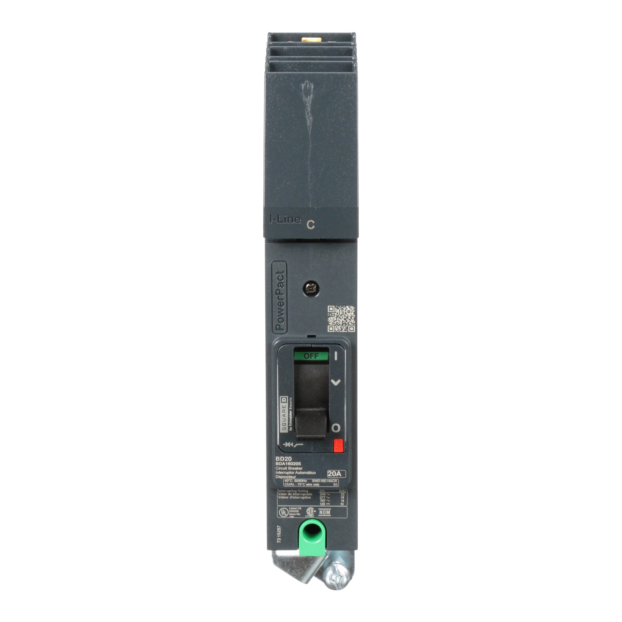 SCHNEIDER ELECTRIC Schneider Electric BDA160205 Circuit Breaker, PowerPacT B, 20A, 1 Pole, 600Y/347VAC, 14kA, I-Line