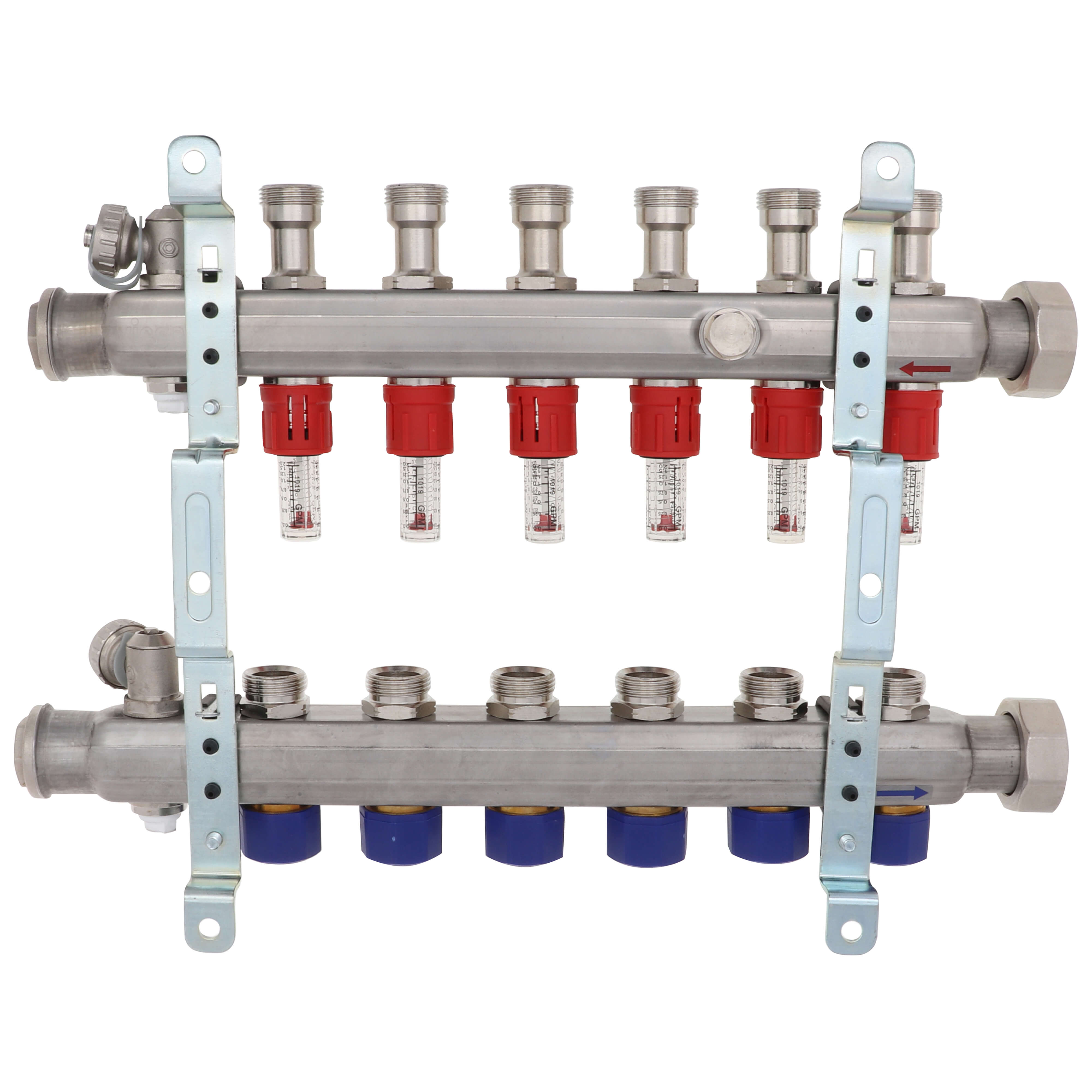 VIEGA Viega 16034 1-1/4 x 1, Union x FPT, 100 PSI, 304 Stainless Steel, 6-Port, Heating and Cooling Manifold with Shut-Off/Balancing Valve/Air Bleeder/Mounting Bracket/Supply Flow Meter Valve