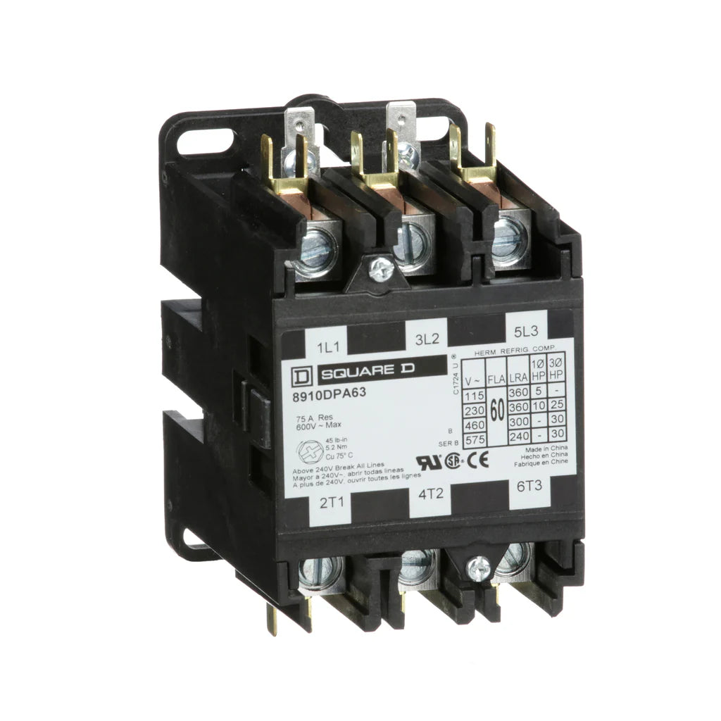 SCHNEIDER ELECTRIC Schneider Electric 8910DPA63V09 Definite Purpose Contactor 208/240VAC 60A 3Pole