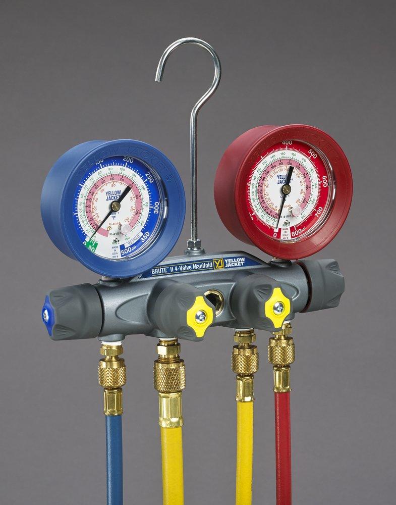 YELLOW JACKET Yellow Jacket 46013 Brute II Test and Charging Manifold, F/C, Red/Blue Gauge, psi, R-22/404A/410A