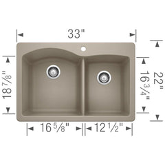 BLANCO BLANCO 441283 Diamond 33 x 22 in. 1 Hole Composite Double Bowl Dual Mount Kitchen Sink in Truffle