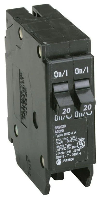 EATON Eaton BR2020 Type BR Circuit Breaker, 120 VAC, (2) 20 Amp, 10 kA Interrupt, 1 Poles, Common/Thermal Magnetic Trip