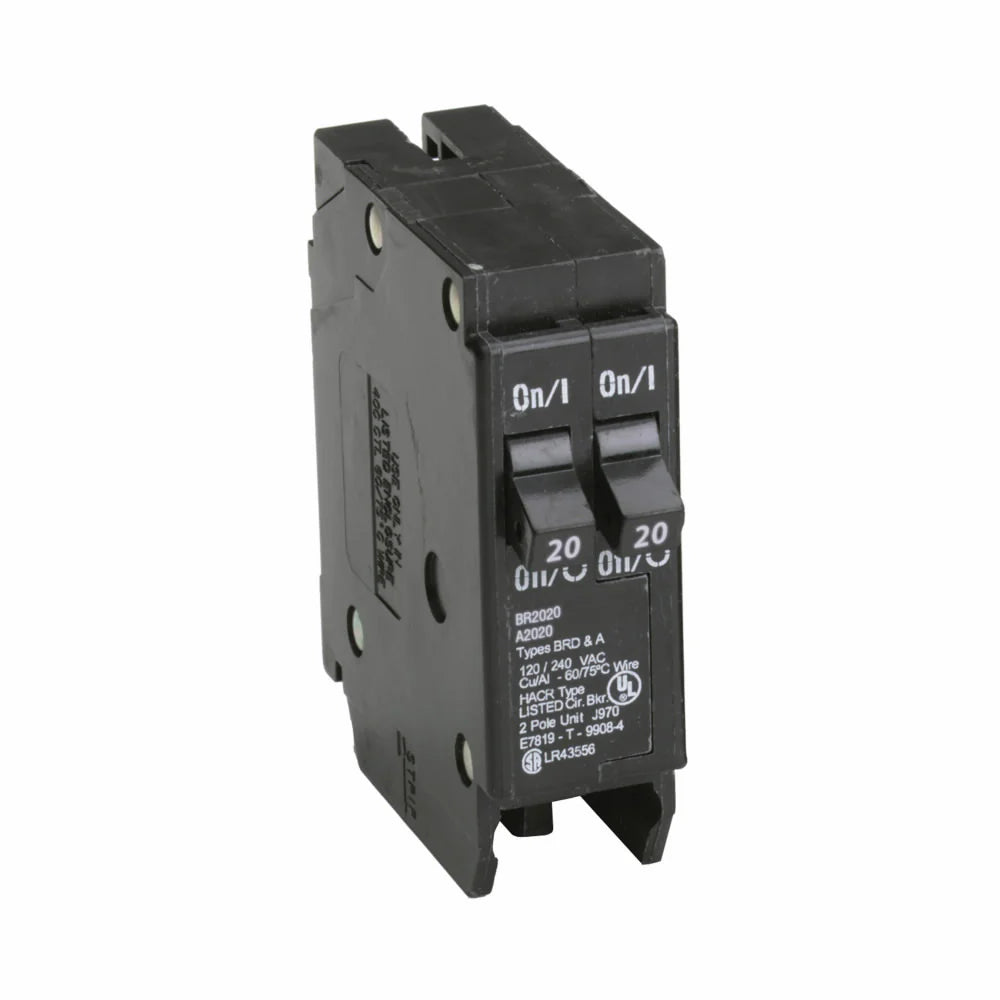 EATON Eaton BR2020 Type BR Circuit Breaker, 120 VAC, (2) 20 Amp, 10 kA Interrupt, 1 Poles, Common/Thermal Magnetic Trip