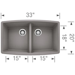 BLANCO BLANCO 440072 Performa 33 x 20 in. No Hole Composite Double Bowl Undermount Kitchen Sink in Metallic Grey