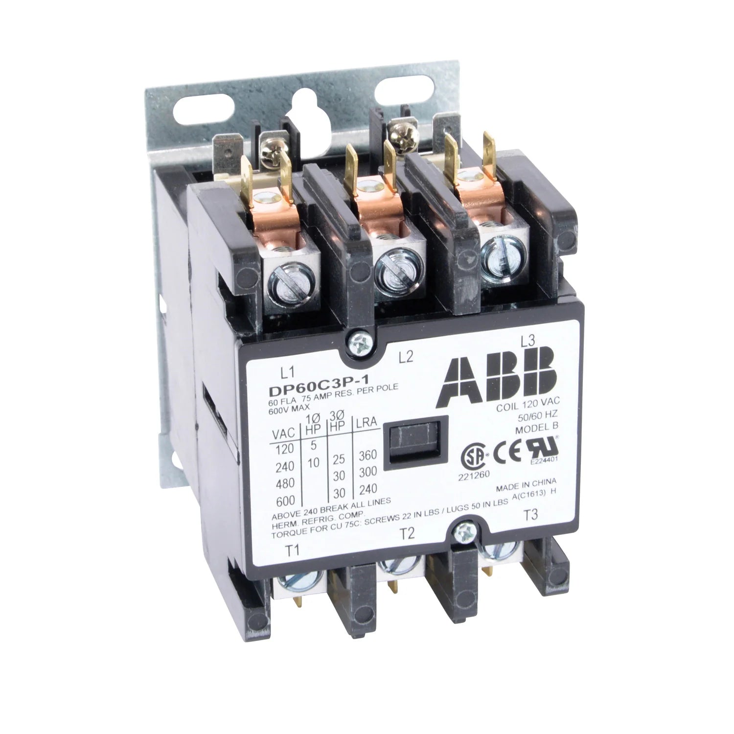 ABB ABB DP60C3P-1 60A 3-Pole Non-Reversing Definite Purpose Contactor, 120V AC Coil
