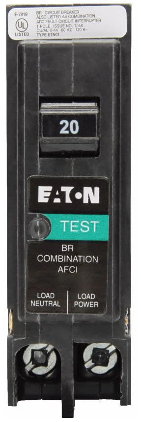 EATON Eaton BRP120AF Type BR Arc Fault Circuit Breaker, Plug-on Neutral, 120 VAC, 20 Amp, 10 kAIC, 1-Pole