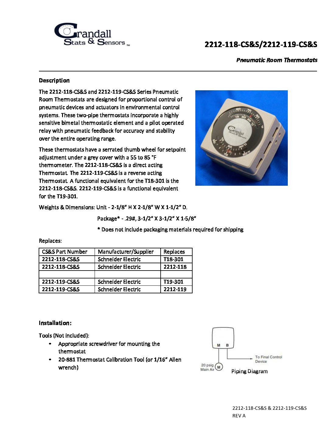 CRANDALL Crandall 2212-118-CSS Single Temp Two-pipe Direct Acting Thermostat