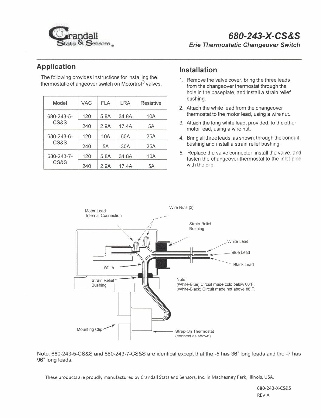 CRANDALL Crandall 680-243-7-CS&S Thermostat Kit Change Over Switch Motortrol Valves