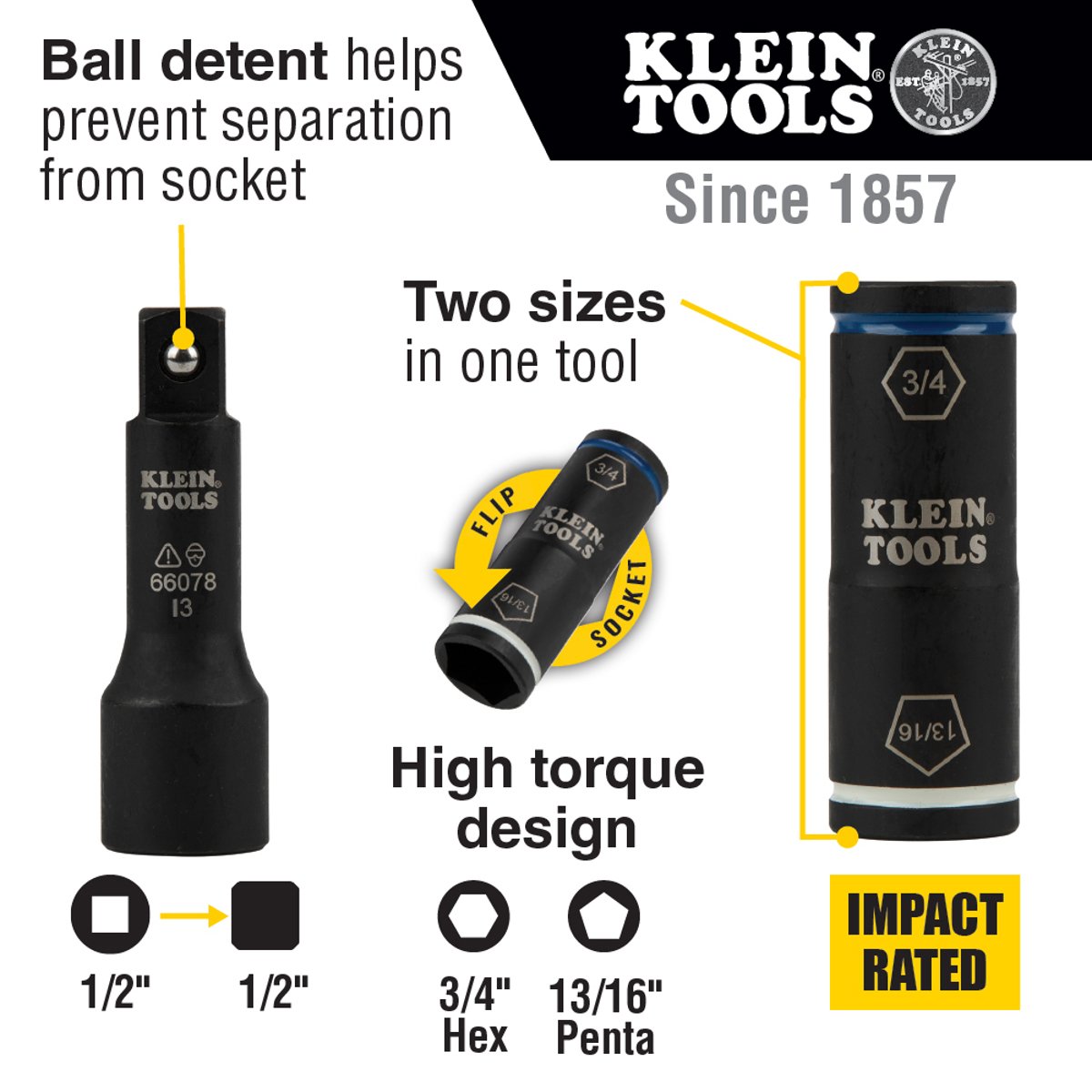 KLEIN TOOLS Klein Tools 66080 2-in-1 Penta/Hex Flip Socket with Adapter