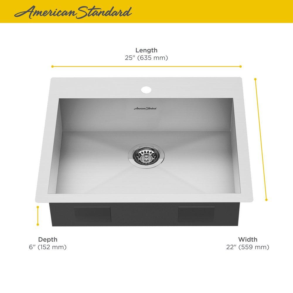AMERICAN STANDARD American Standard 18SB.6252211.075 Edgewater 25 x 22 in. 1 Hole Stainless Steel Single Bowl Dual Mount Kitchen Sink