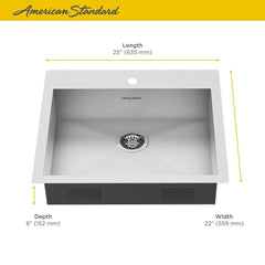 AMERICAN STANDARD American Standard 18SB.6252211.075 Edgewater 25 x 22 in. 1 Hole Stainless Steel Single Bowl Dual Mount Kitchen Sink
