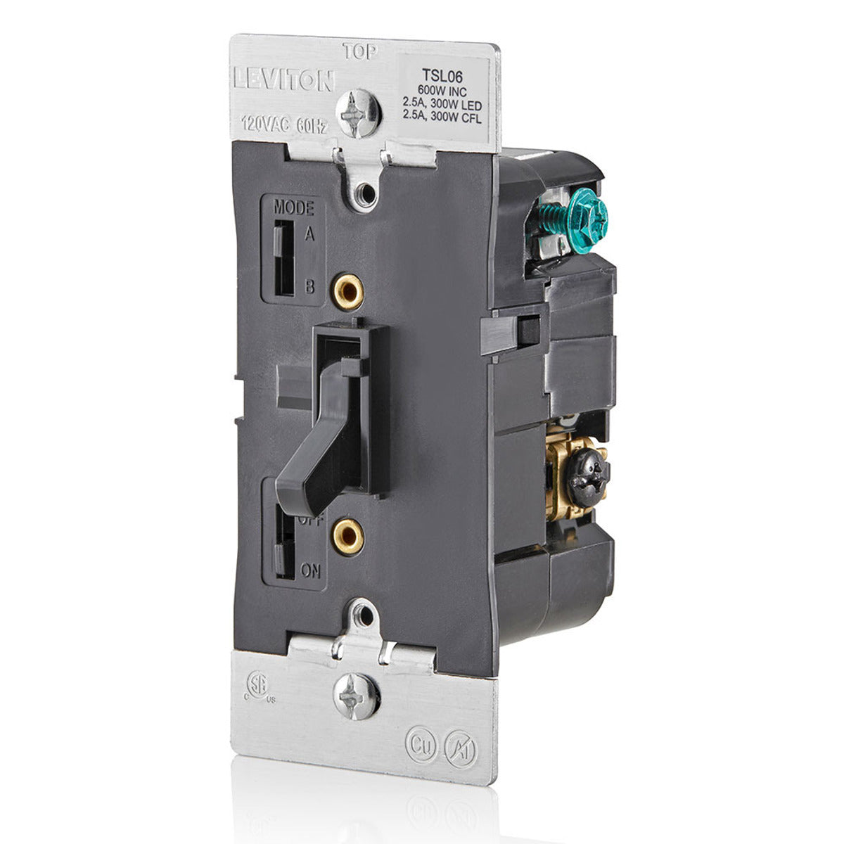 LEVITON Leviton TSL06-1LE Universal Dimmable LED, CFL, Incandescent and Halogen Toggle-Slide Dimmer, 600W-120VAC Incandescent, 300W-120VAC 60Hz Single Pole and 3-Way