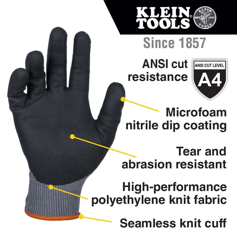 KLEIN TOOLS Klein 60590 Knit Dipped Gloves, Cut Level A4, Touchscreen, Extra-Large, 2-Pair