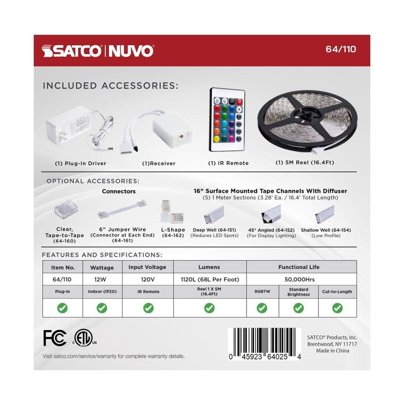 SATCO-NUVO Satco 64/110 Tape Light Strip 16FT RGB Plus Tunable White Plug Connection w/IR Remote Included