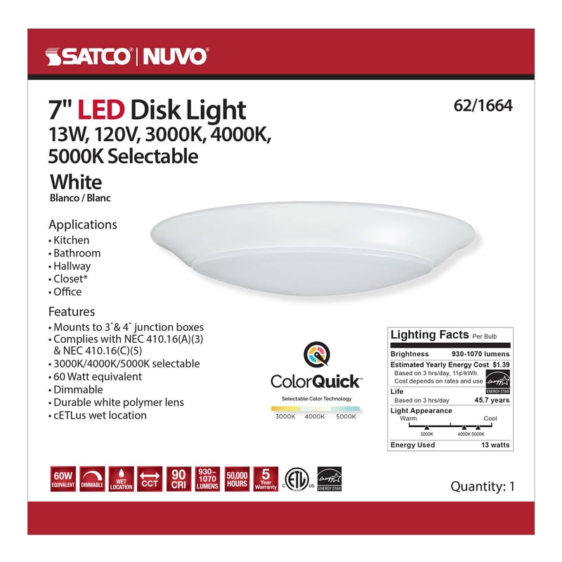 SATCO-NUVO Nuvo 62-1664 7 LED Disk Light CCT30K/40K/50K 13W 120V DIM 1000Lm WHT