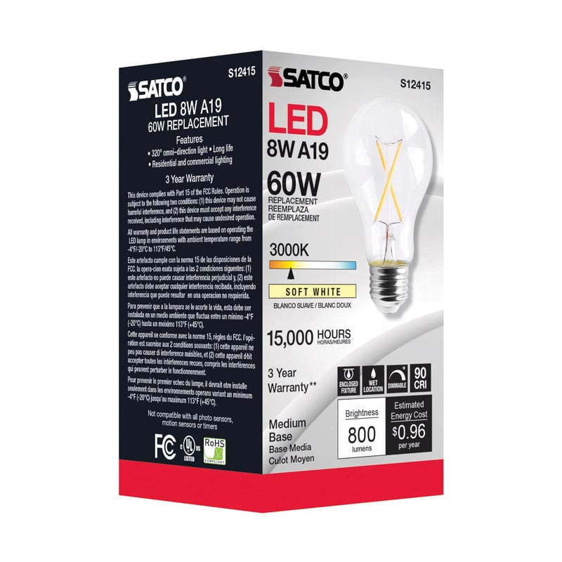 SATCO-NUVO Satco S12415 8 Watt LED Lamp A19 Medium Base 3000K 120 Volt REPLACEMENT MPN