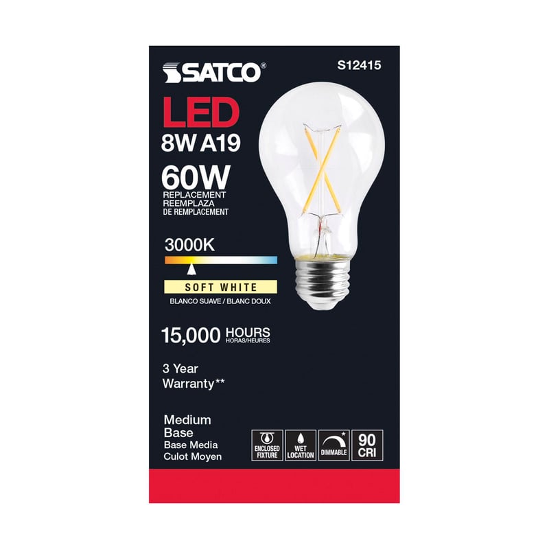 SATCO-NUVO Satco S12415 8 Watt LED Lamp A19 Medium Base 3000K 120 Volt REPLACEMENT MPN