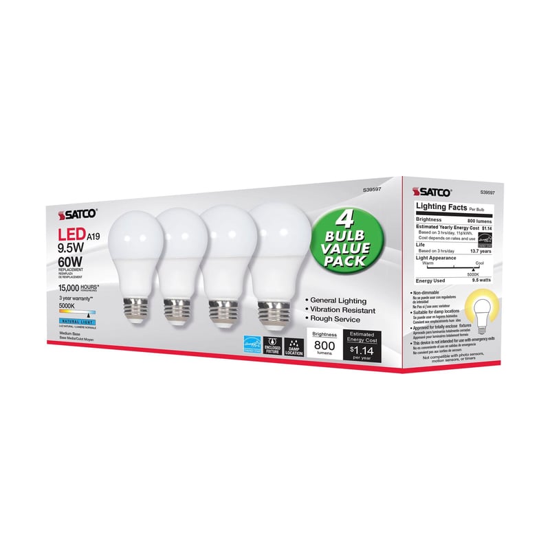 SATCO-NUVO Satco S39597 9.5 Watt LED Lamp A19 Medium Base 5000K Frosted Non-Dimmable 4 Pack