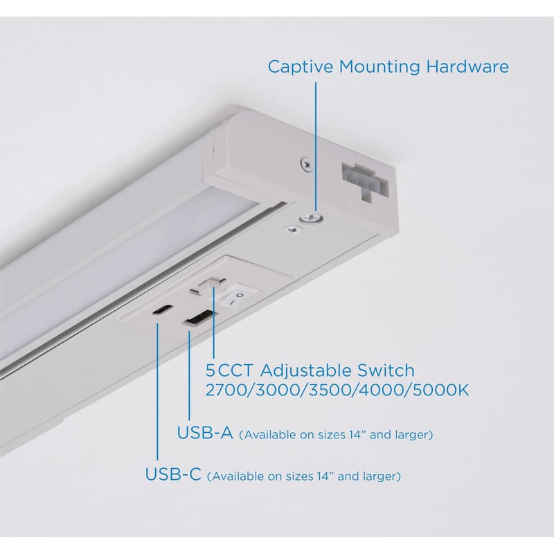 AFX AFX ELNU22WH ELENA 22 LED UNDERCAB13W 5-CCT W/USB-A & USB-C CHARGINGPORTS & PIVOTING LIGHT BAR 120V