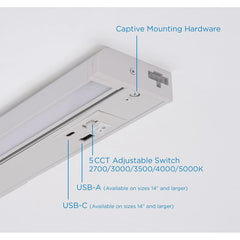 AFX ELNU22WH ELENA 22 LED UNDERCAB13W 5-CCT W/USB-A & USB-C CHARGINGPORTS & PIVOTING LIGHT BAR 120V