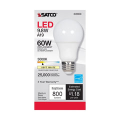 SATCO-NUVO Satco S39836 9.8 Watt LED Lamp A19 Medium Base 3000K 120 Volt