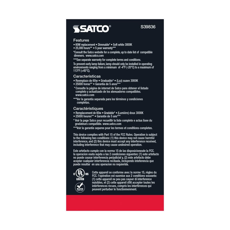 SATCO-NUVO Satco S39836 9.8 Watt LED Lamp A19 Medium Base 3000K 120 Volt