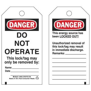 BRADY Brady 65502 Rectangular Lockout Tag 5.75 in H x 3 in W B-837 Polyester
