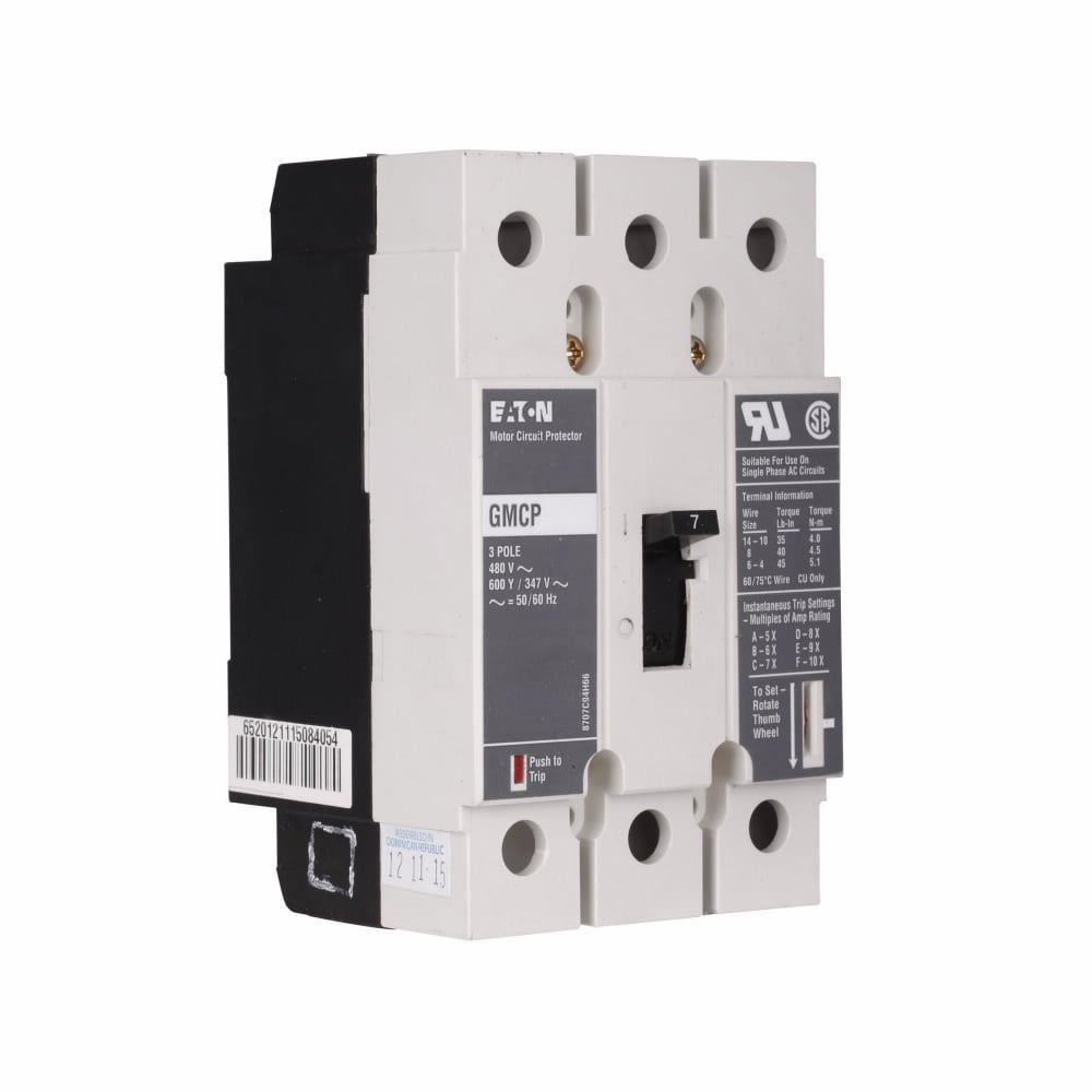 EATON Eaton GMCP015E0C Eaton Series C Motor Circuit Protector G-frame Magnetic Only Trip Type 75-150A Trip Rating Three-pole 15A 480 Vac 35 kAIC at 480 Vac