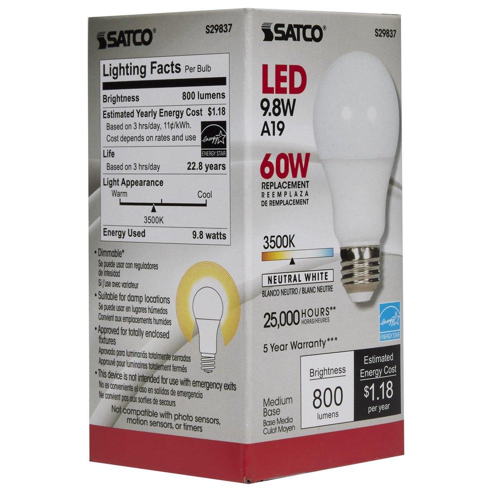 SATCO SATCO S29837 9.8W A19 LED Bulb Medium E-26 Base 3500 Kelvin 220° Dimmable