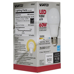 SATCO S29837 9.8W A19 LED Bulb Medium E-26 Base 3500 Kelvin 220° Dimmable