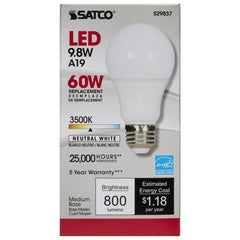 SATCO S29837 9.8W A19 LED Bulb Medium E-26 Base 3500 Kelvin 220° Dimmable