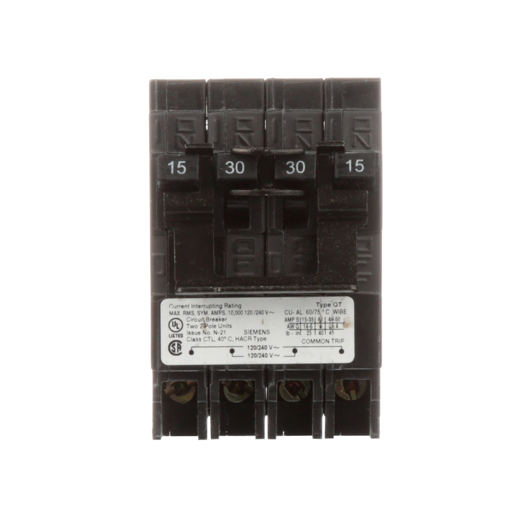 SIEMENS Siemens Q21530CT2 Quadplex Circuit Breaker 15A-30A (2-Pole) 10kA