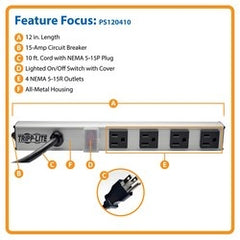 TRIPP LITE TRIPP LITE PS120410 4-Outlet Power Strip 10 ft. Cord NEMA 5-15P Plug 12 in.