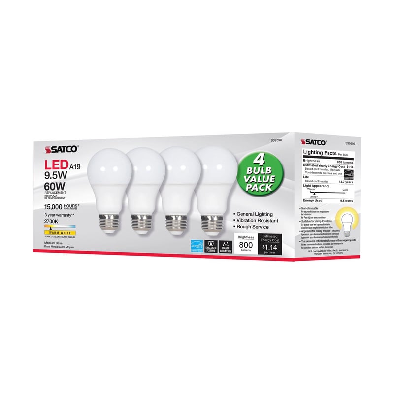 SATCO-NUVO Satco S39596 9.5 Watt LED Lamp A19 Medium Base 2700K Frosted Non-Dimmable 4 Pack