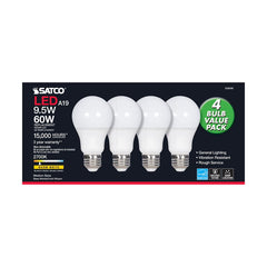 SATCO-NUVO Satco S39596 9.5 Watt LED Lamp A19 Medium Base 2700K Frosted Non-Dimmable 4 Pack