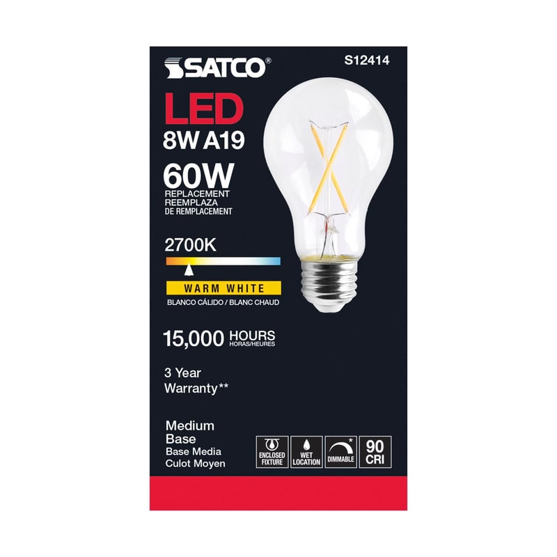 SATCO-NUVO Satco S12414 8 Watt LED Lamp A19 Medium Base 2700K 120 Volt