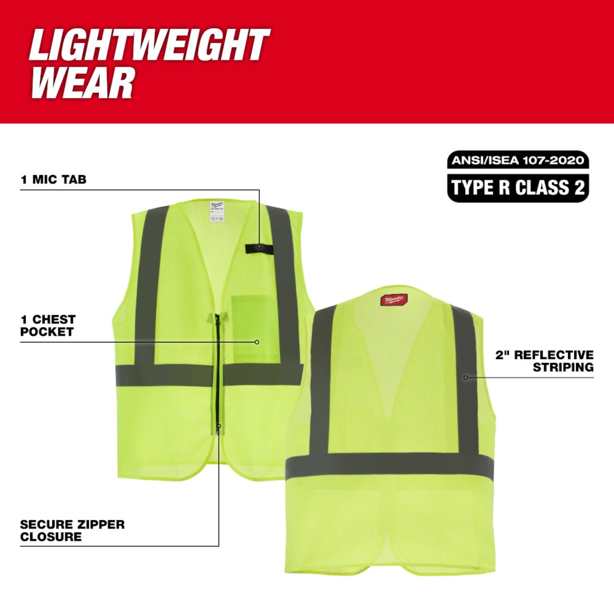 MILWAUKEE Milwaukee 48-73-2244 Class 2 High Visibility Yellow Mesh One Pocket Safety Vest - 4X/5X