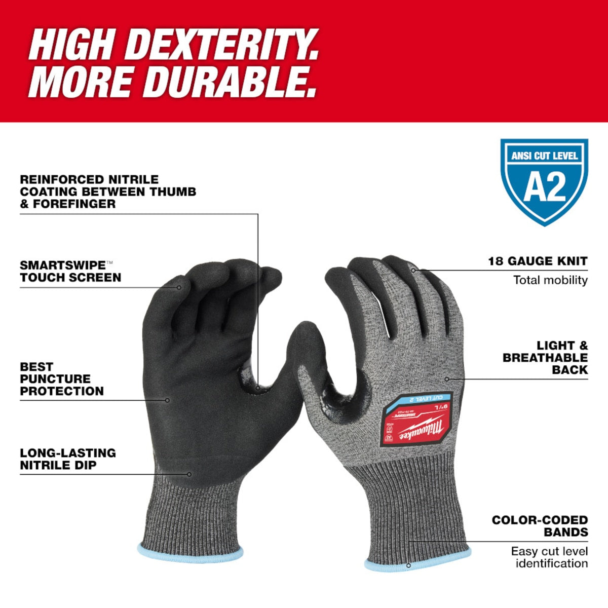 MILWAUKEE Milwaukee Tool 48-73-7122 Cut Level 2 High-Dexterity Nitrile Dipped Gloves - L
