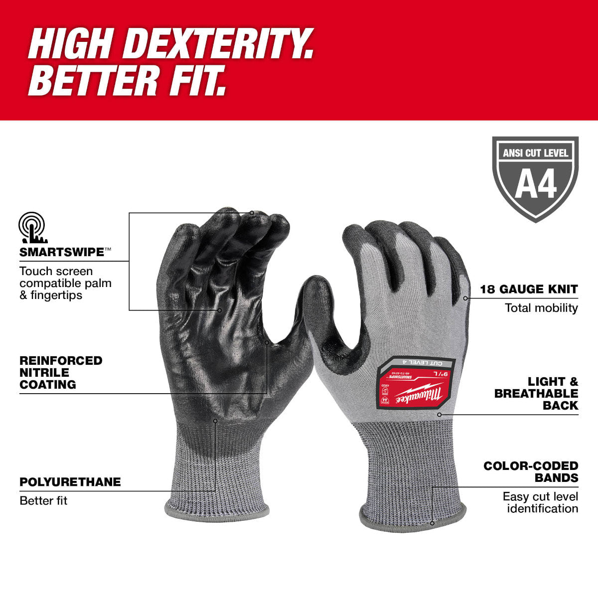 MILWAUKEE Milwaukee 48-73-8741 High Dexterity Polyurethane Dipped Gloves - Medium