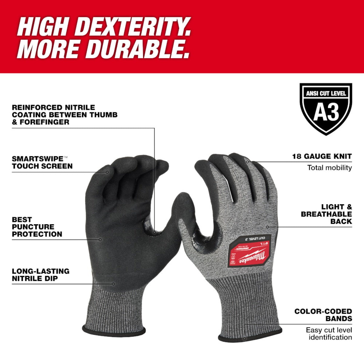 MILWAUKEE Milwaukee Tool 48-73-7132 Cut Level 3 High-Dexterity Nitrile Dipped Gloves - L