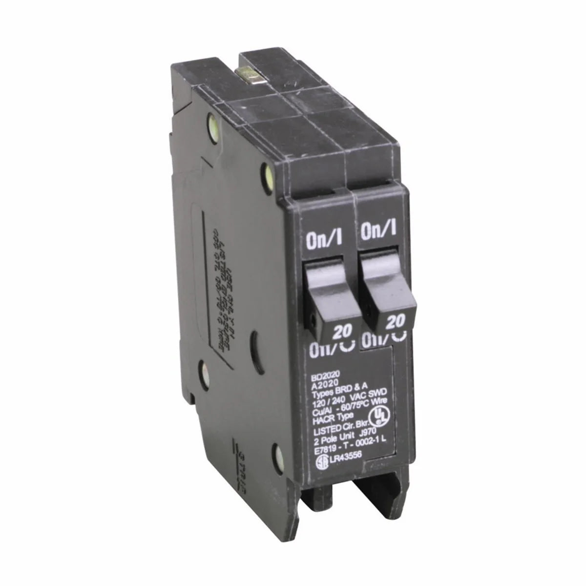 EATON Eaton BD2020 Type BD Duplex Circuit Breaker, 120 VAC, (2) 20 A, 10 kA Interrupt, 1 Pole